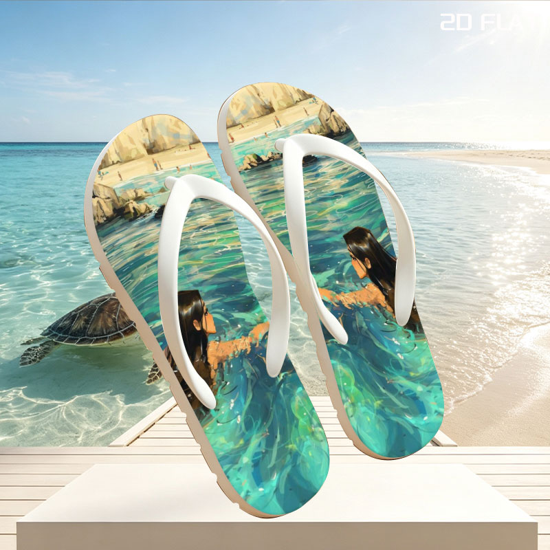 Woman swimming in clear blue water near rocky shore -  flip-flops