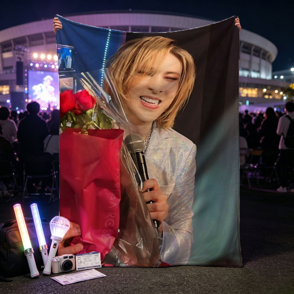 Gackt Holding Red Roses on Stage with Microphone - Blankets