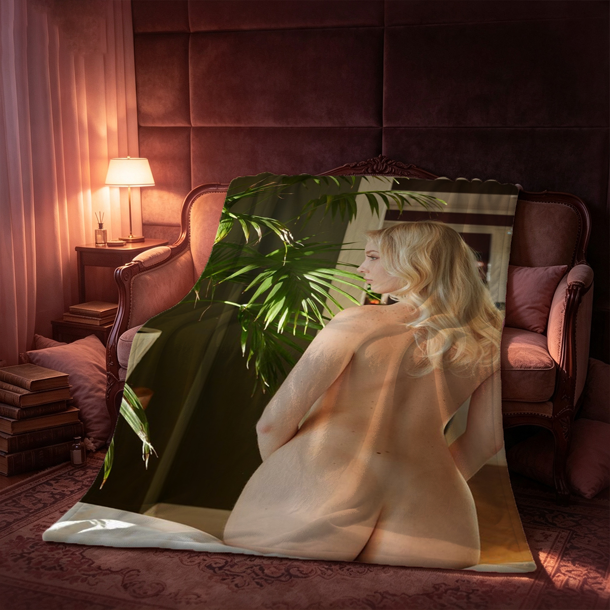Two Women in Pink and Purple Lingerie Kissing on Couch - Blanket