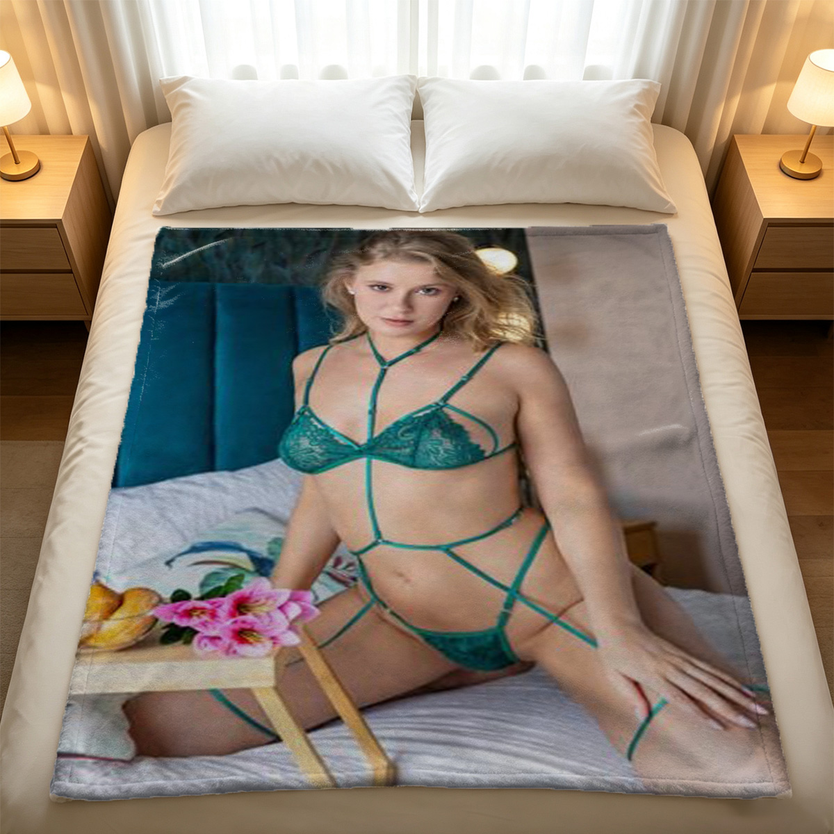 Red Lingerie Seduction on Vintage Couch - Blanket