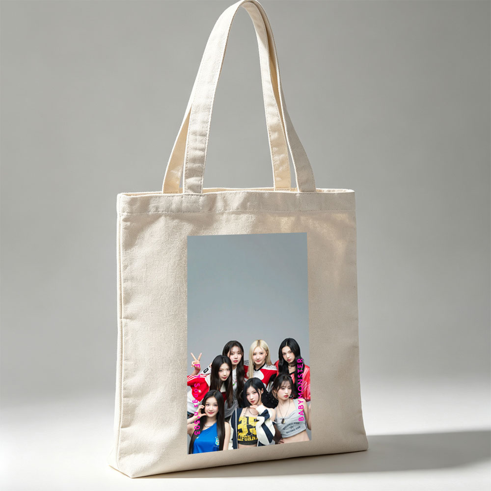 BABYMONSTER Group Photo - Seven Members Posing in Casual Outfits with Playful Expressions and Hand Gestures - Canvas tote bags