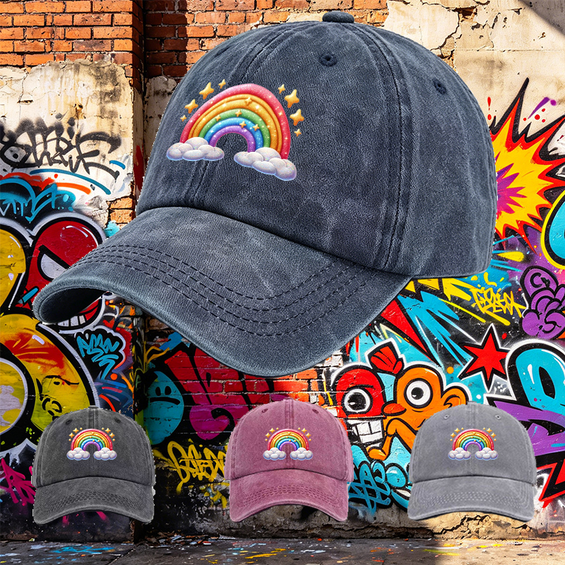 Men's Printed Washed Cap Rainbow Stars Clouds Design Casual Round Brim Summer Lightweight Hat for Outdoor Activities and Daily Wear, Suitable for Adults Seeking Fun and Comfortable Headwear