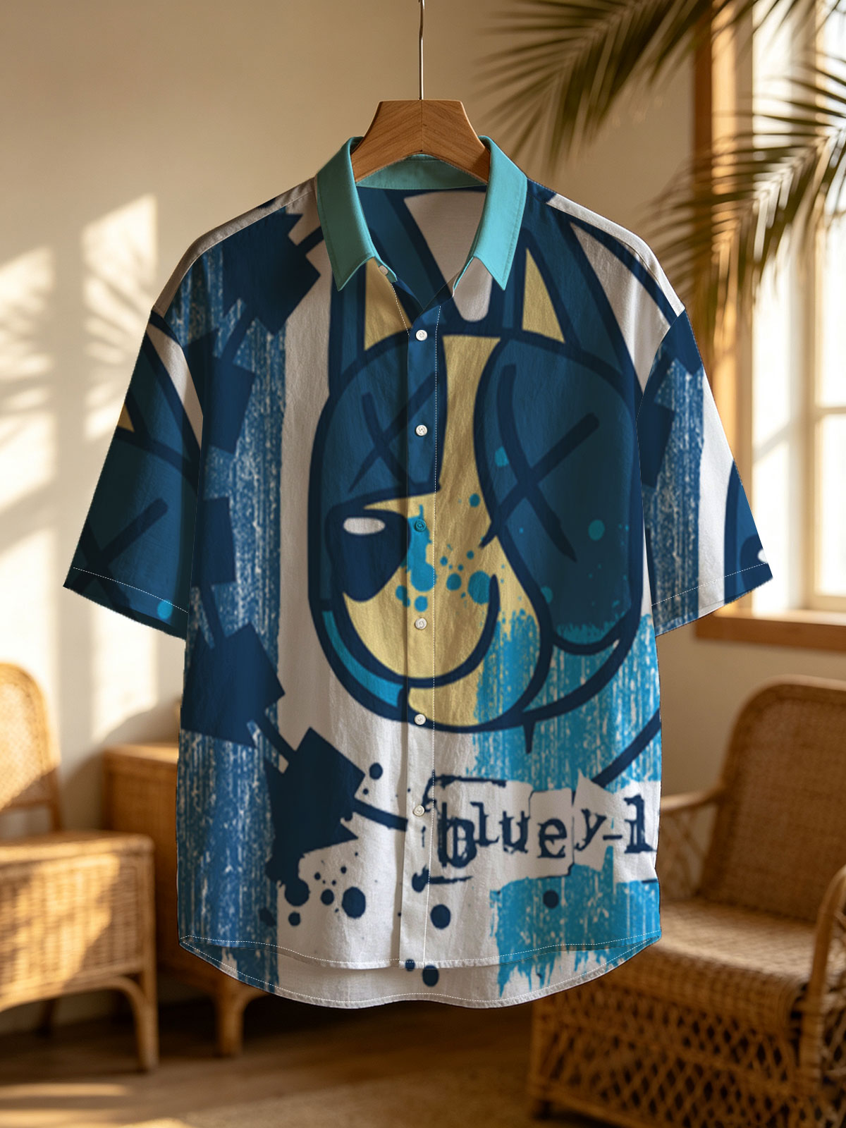 Bluey-182: A stylized blue and yellow cat face with X eyes, arrows, and splatter effects on a textured blue background. -  Shirt