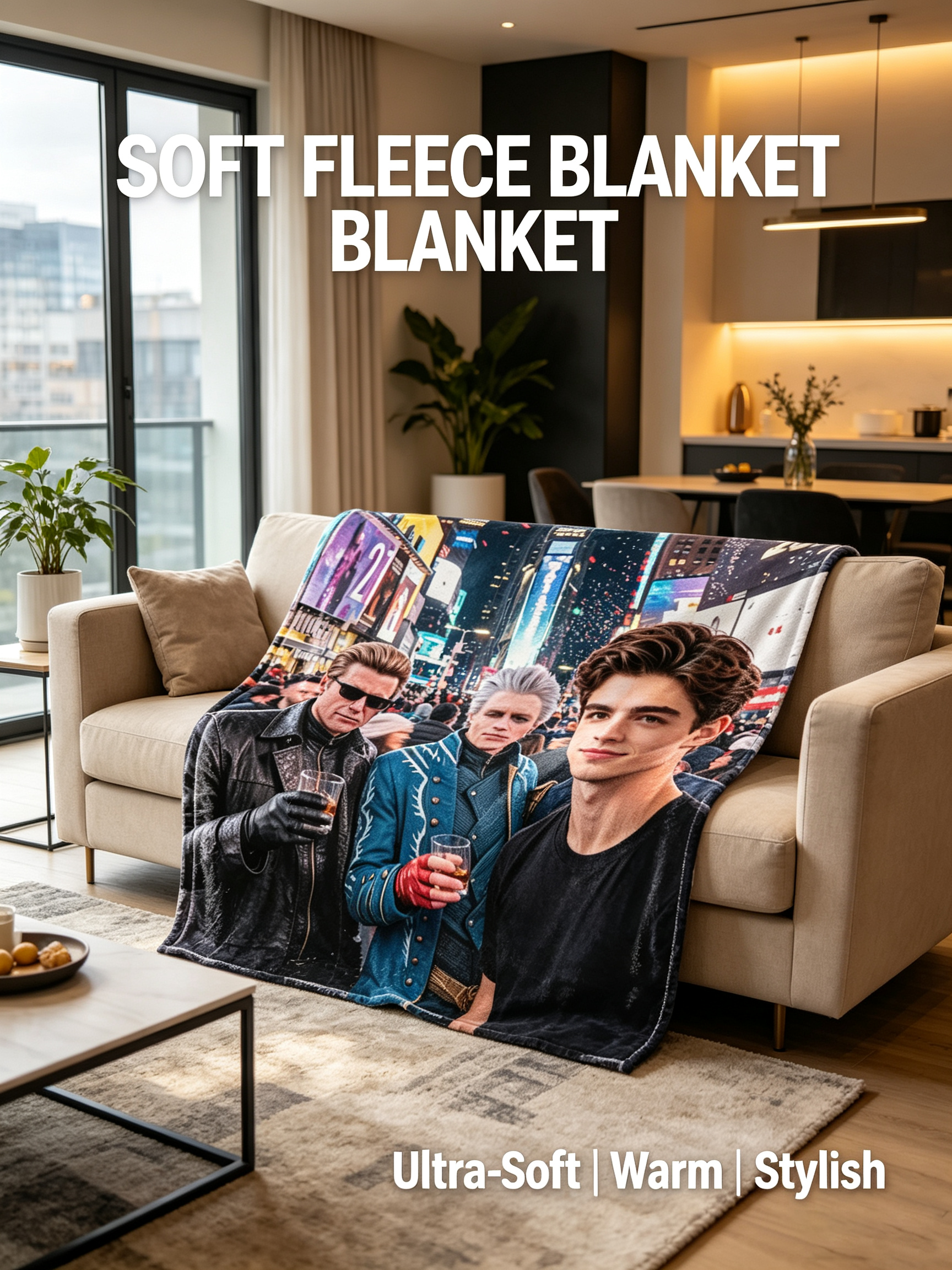 Custom Face Blanket Featuring Times Square New Year's Eve Celebration with Iconic Characters Flannel Blanket Perfect for Cozy Nights and Festive Gifts