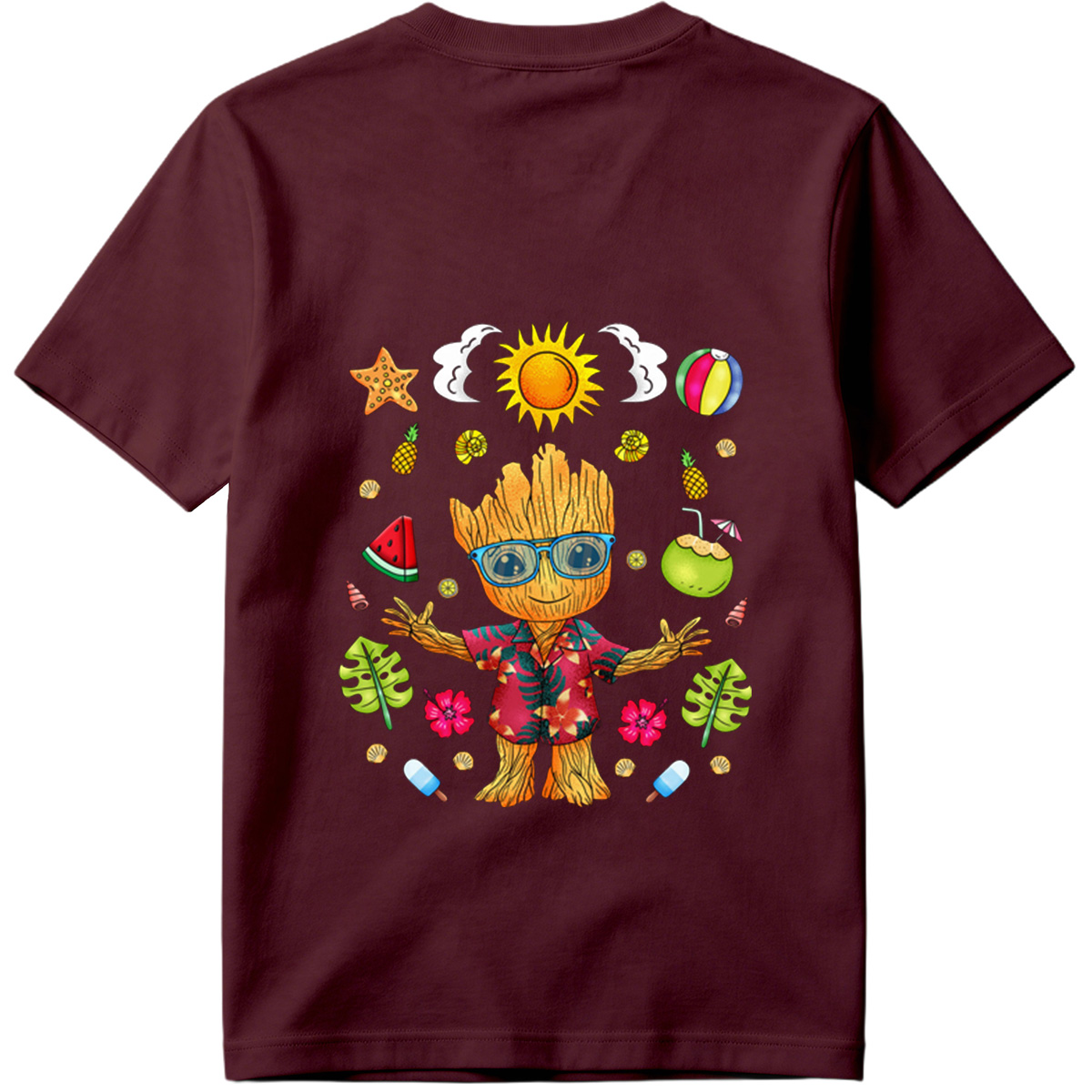 Groot in Hawaiian Shirt with Summer Elements - Tee