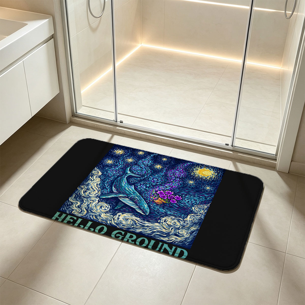 Whale in Starry Night Sky with Purple Flowers and 