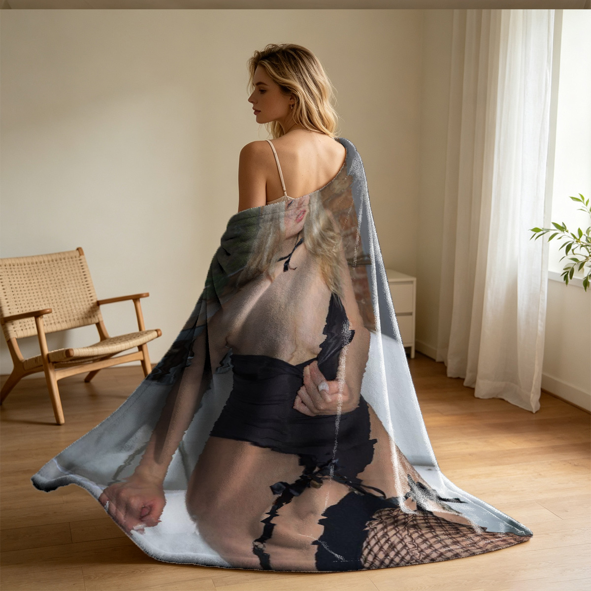 Blonde in black lingerie kneeling by the bathtub overlooking the ocean. - Blanket