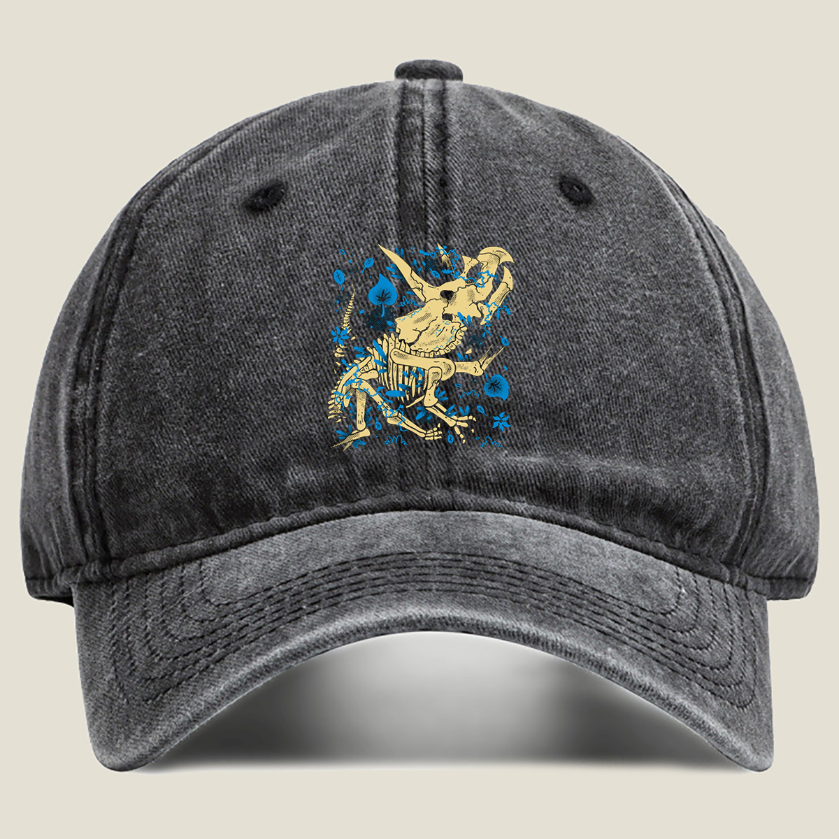 Triceratops Skeleton with Blue Leaves - Washed Denim - Baseball Cap