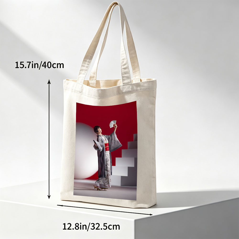 Maki Horikita in Traditional Kimono Holding Fan Against Red Background - Canvas tote bags