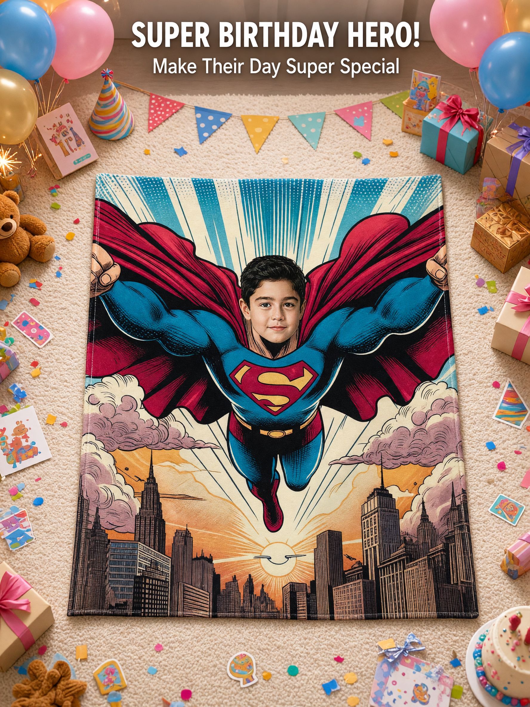 Custom Face Superhero Flannel Blanket, Personalized Photo Comic Fleece Throw, Ultra Soft Cozy Keepsake Gift for Kids