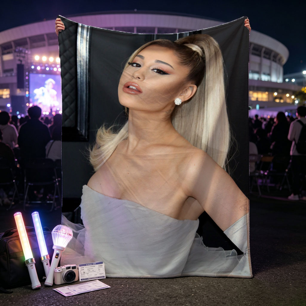 Ariana Grande at a Red Carpet Event Wearing a Light Blue Strapless Gown with Tulle Skirt and High Ponytail Hairstyle - Blankets
