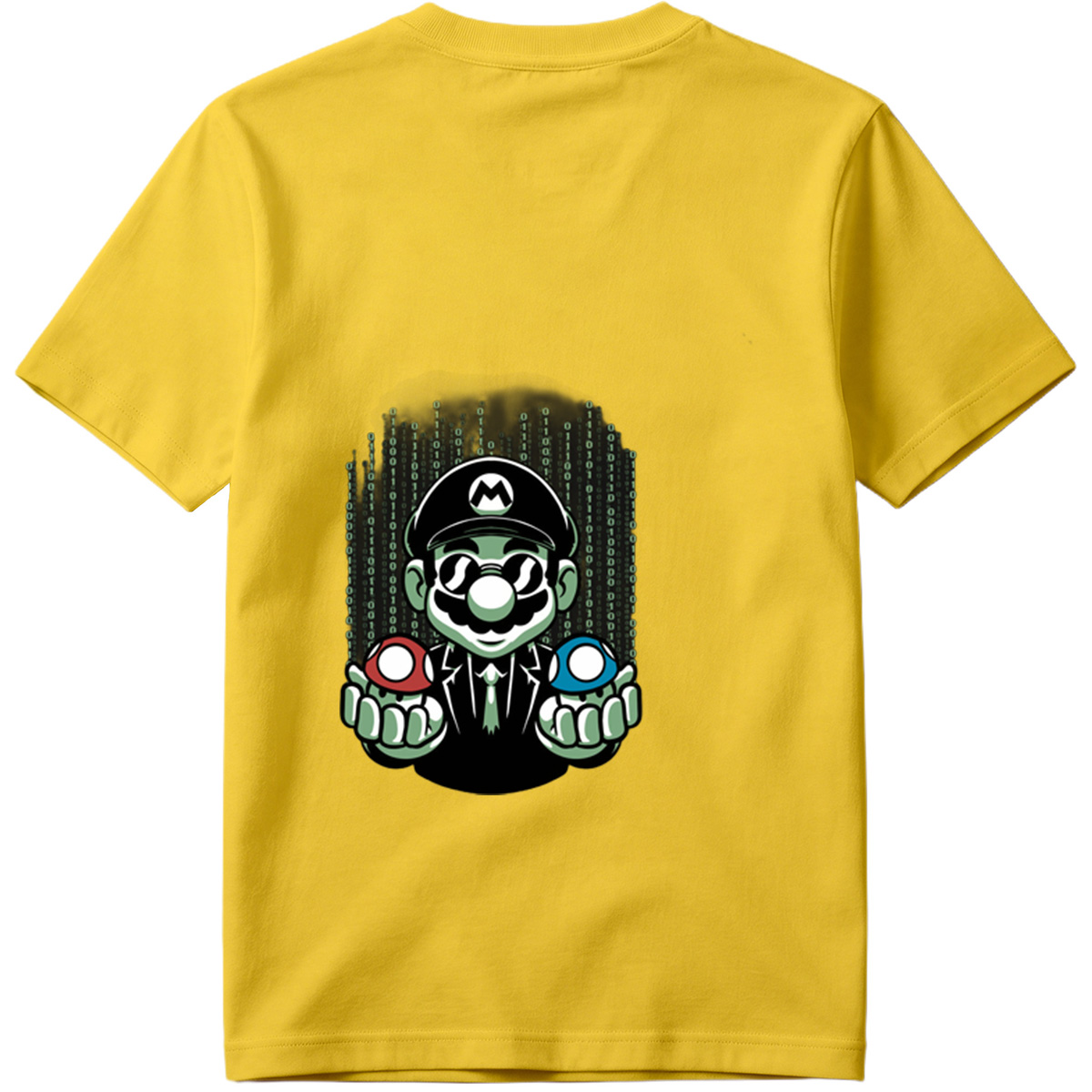 Mario in Matrix Code with Red and Blue Mushrooms - Tee