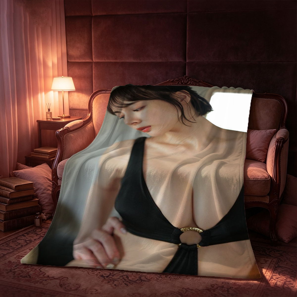 Nude Asian Woman in Christmas Lingerie and Reindeer Antlers on Bed - Blanket