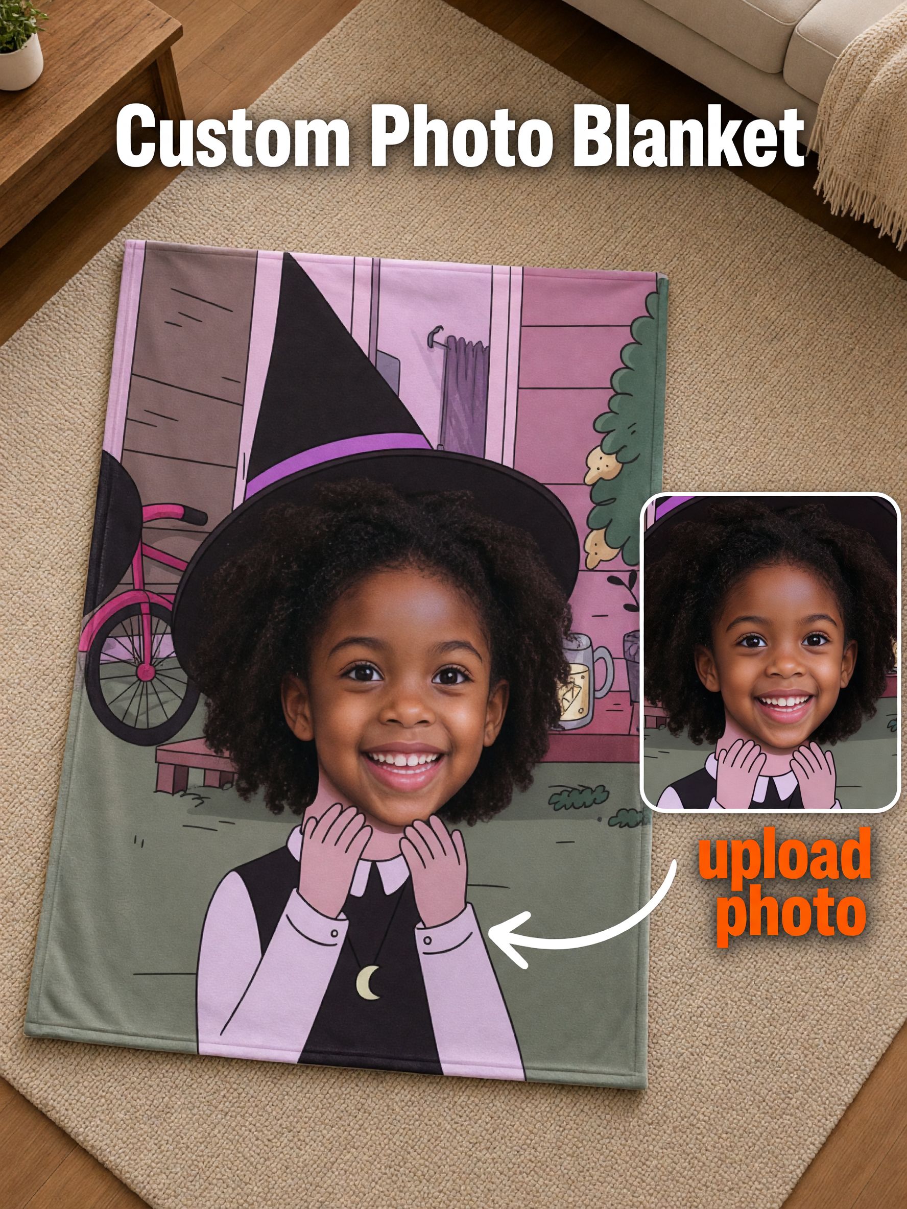 Custom Face Blanket Personalized Cartoon Witch Flannel Throw Soft Cozy Fleece Blanket for Couch Sofa Bed Unique Gift