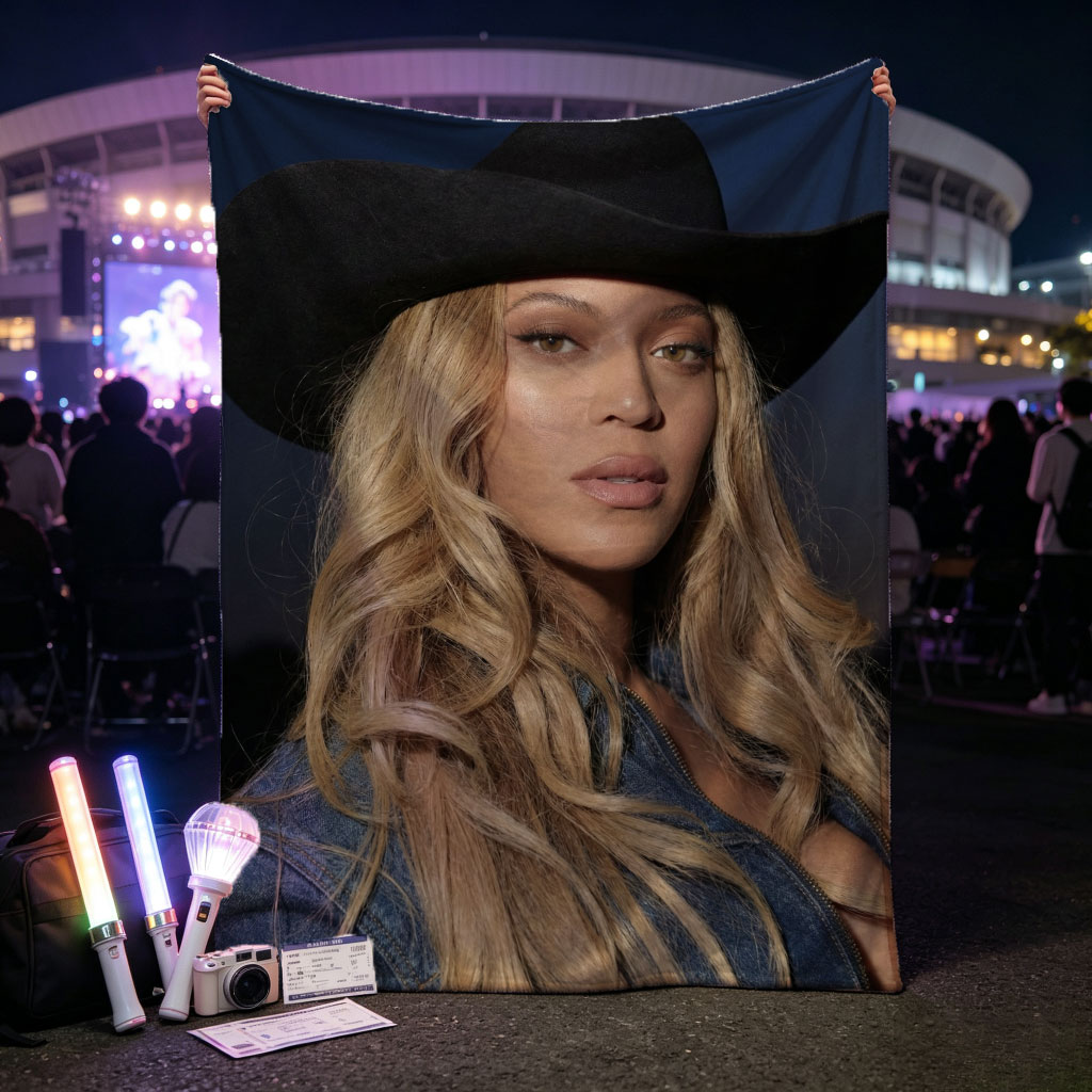 Beyonce in Cowboy Hat and Denim Jacket Against Dark Sky Background - Blankets