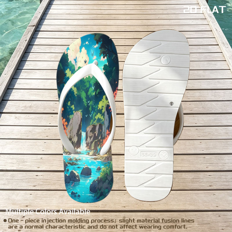 Serene Forest Stream with Waterfall and Butterflies -  flip-flops