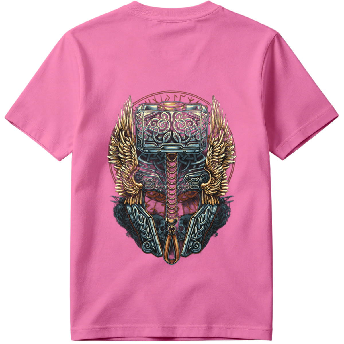 Thor's Hammer Mjolnir with Norse Symbols and Wings - Tee