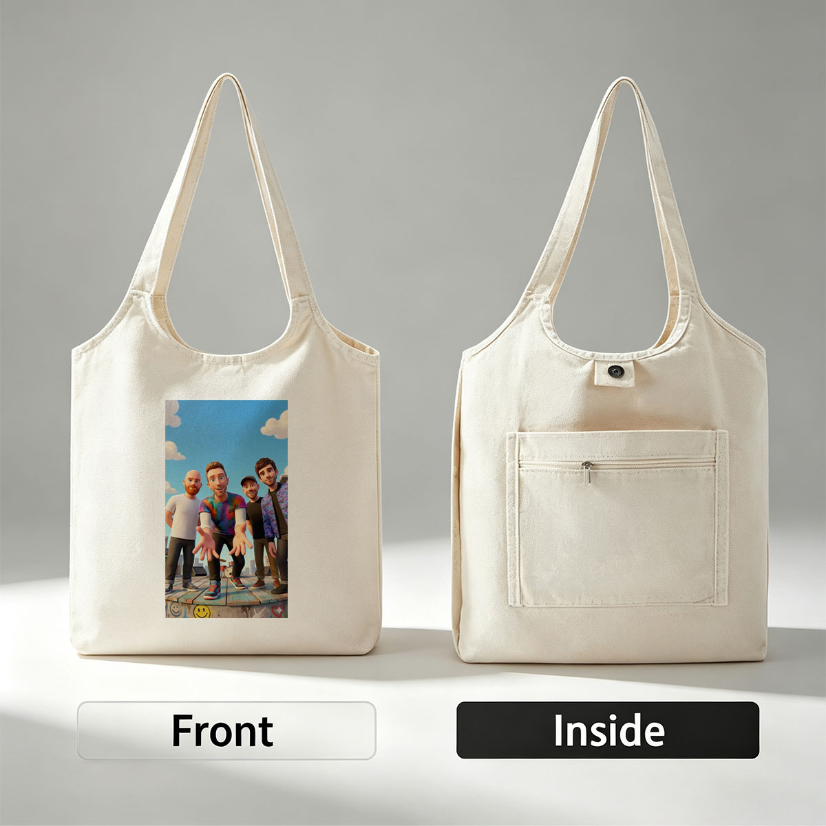 The Lonely Island Band Members on a Rooftop Stage with Graffiti and City Skyline Background - Canvas shoulder bags/