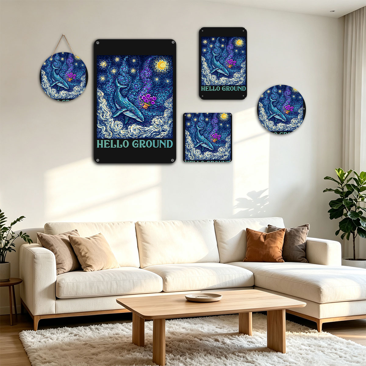 Whale in Starry Night Sky with Purple Flowers and 