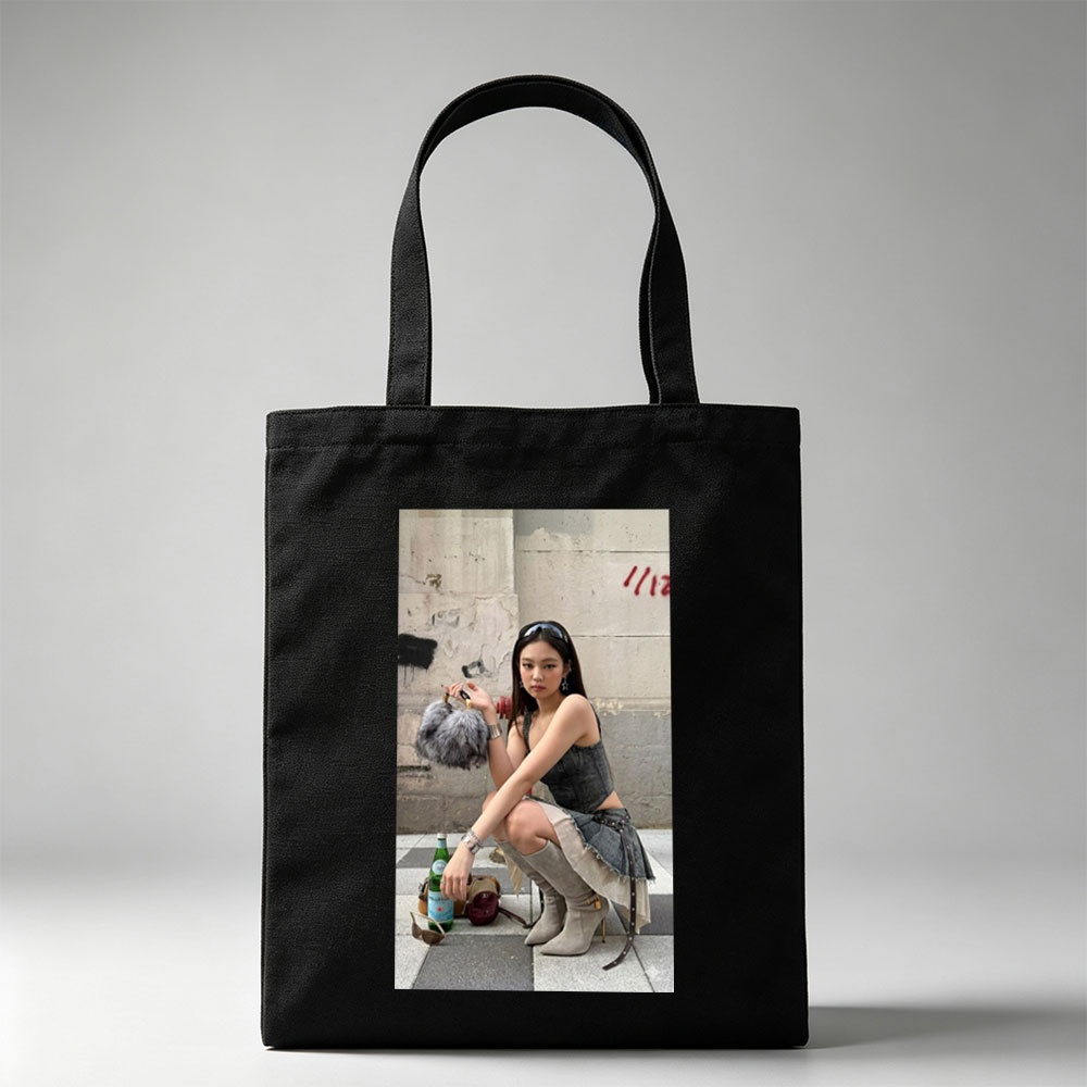 Jennie Kim Street Style Pose with Denim Outfit and Fur Bag - Canvas tote bags