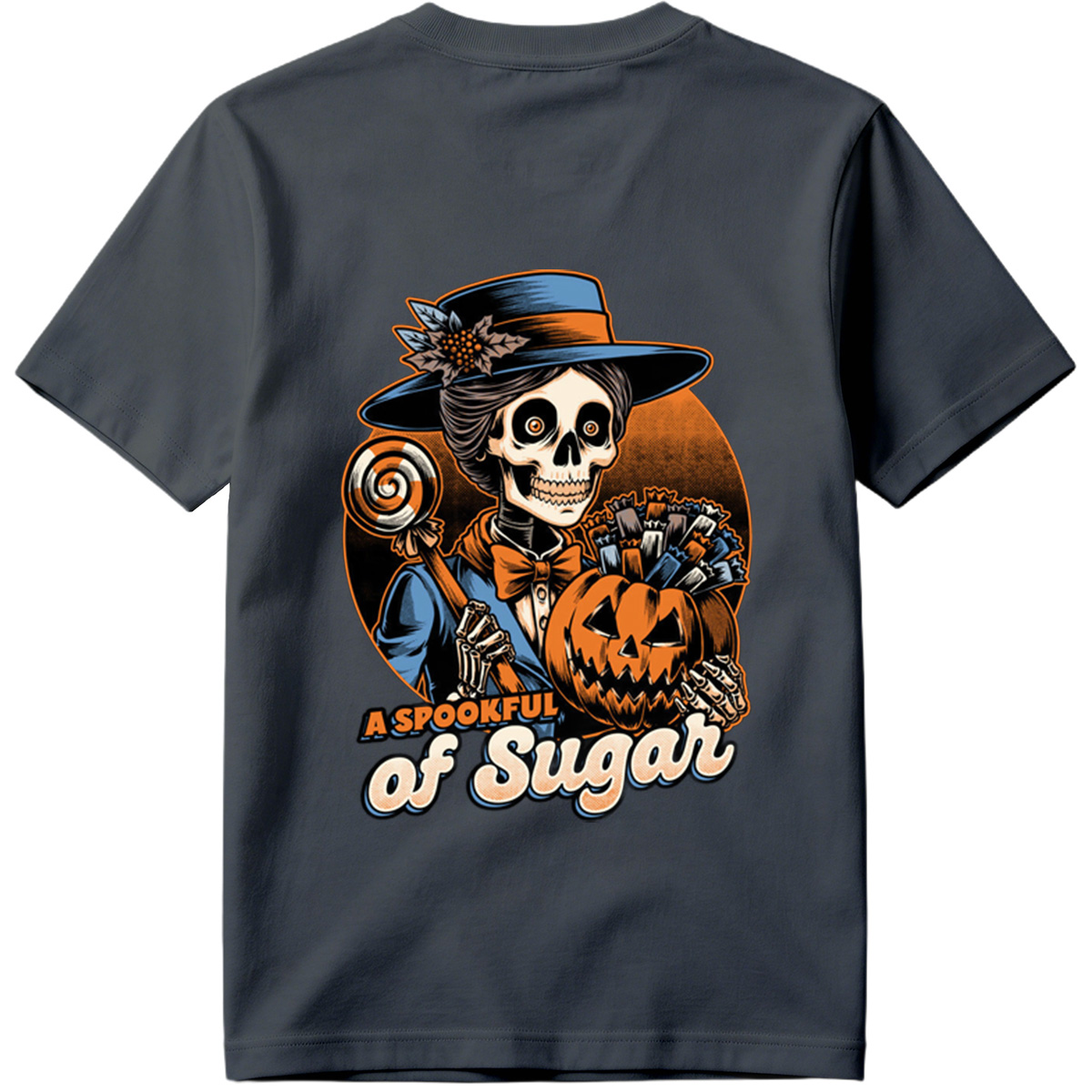 A Spookful of Sugar: Skeleton Lady with Pumpkin and Candy - Tee