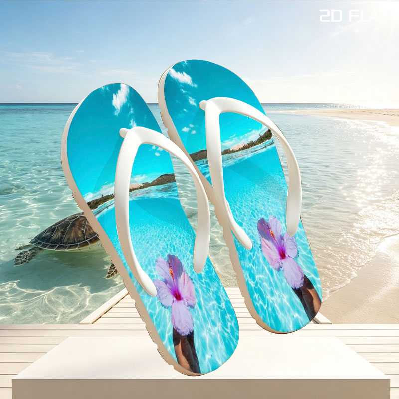 Hand holding a pink hibiscus flower over crystal-clear turquoise water under a bright blue sky. -  flip-flops
