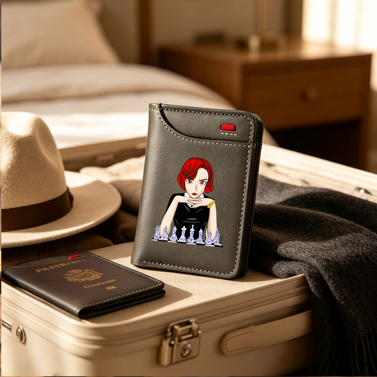 Red-Haired Woman in Black Dress Playing Chess - Vertical Style Wallet