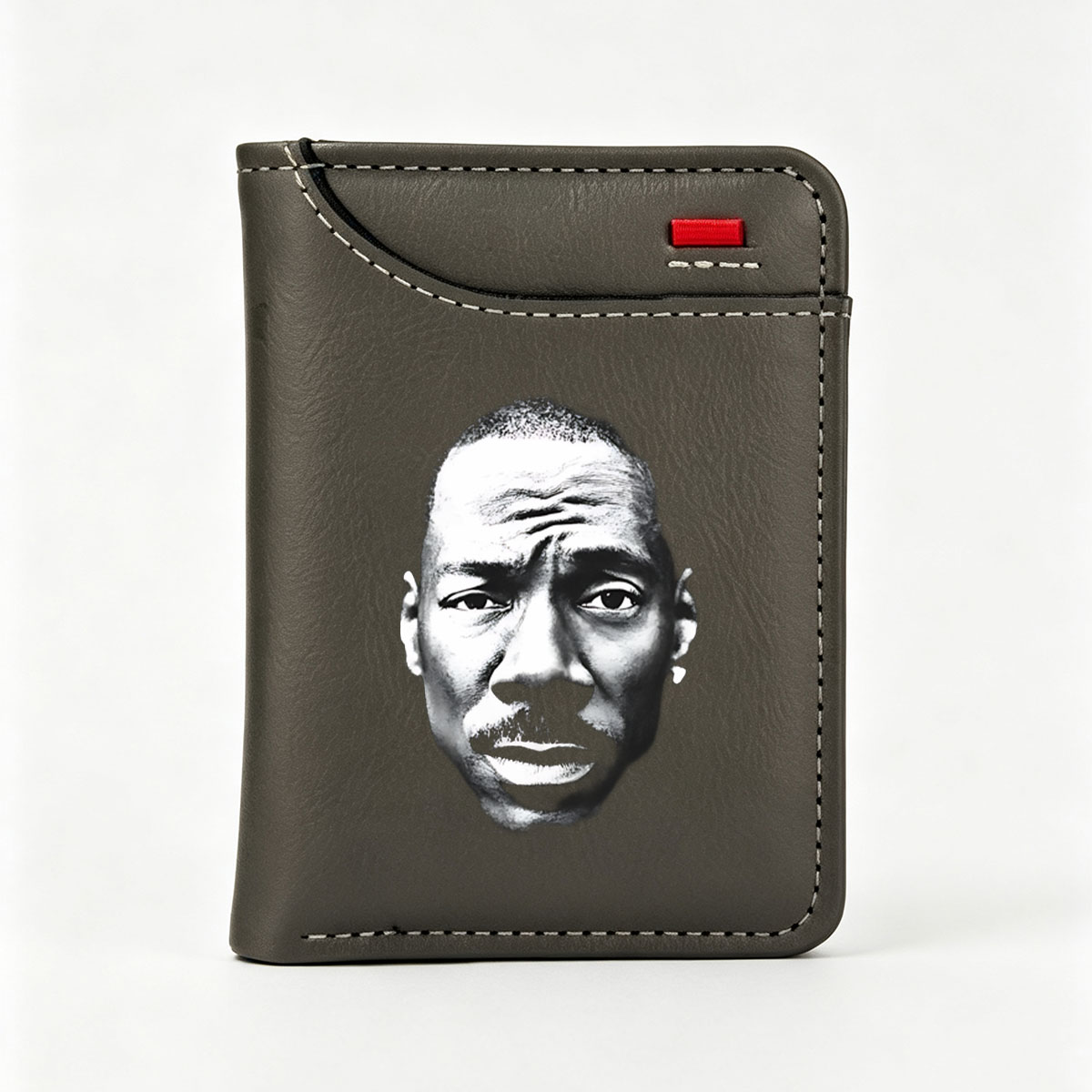 Eddie Murphy in a striking black and white portrait, showcasing his expressive features and iconic mustache. - Vertical Style Wallet