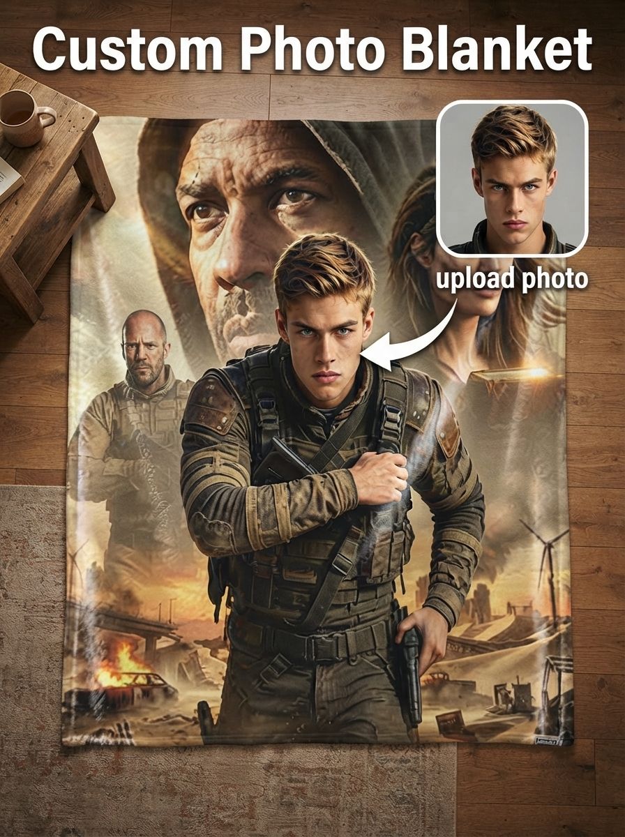 Custom Face Photo Blanket Personalized Action Movie Hero Flannel Fleece Throw Soft Anti-Pilling Cozy Bedding Gift