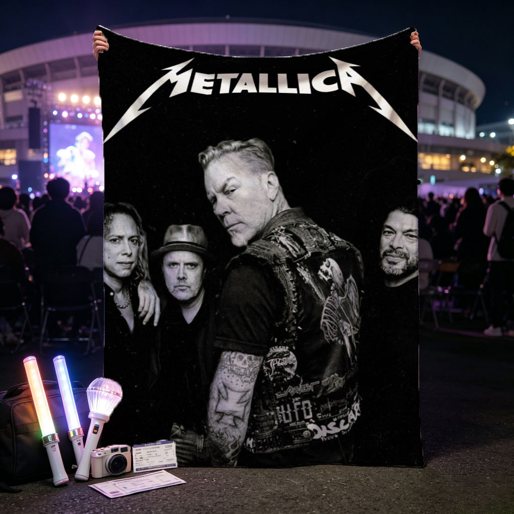 Metallica Band Members in Black and White Portrait with Iconic Logo - Blankets