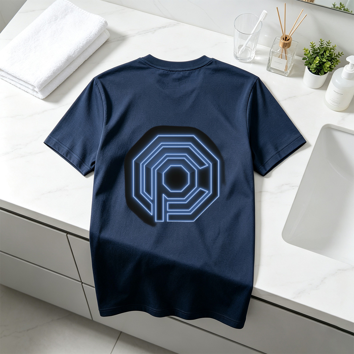 Neon Blue Octagonal Logo with Letter P - Tee
