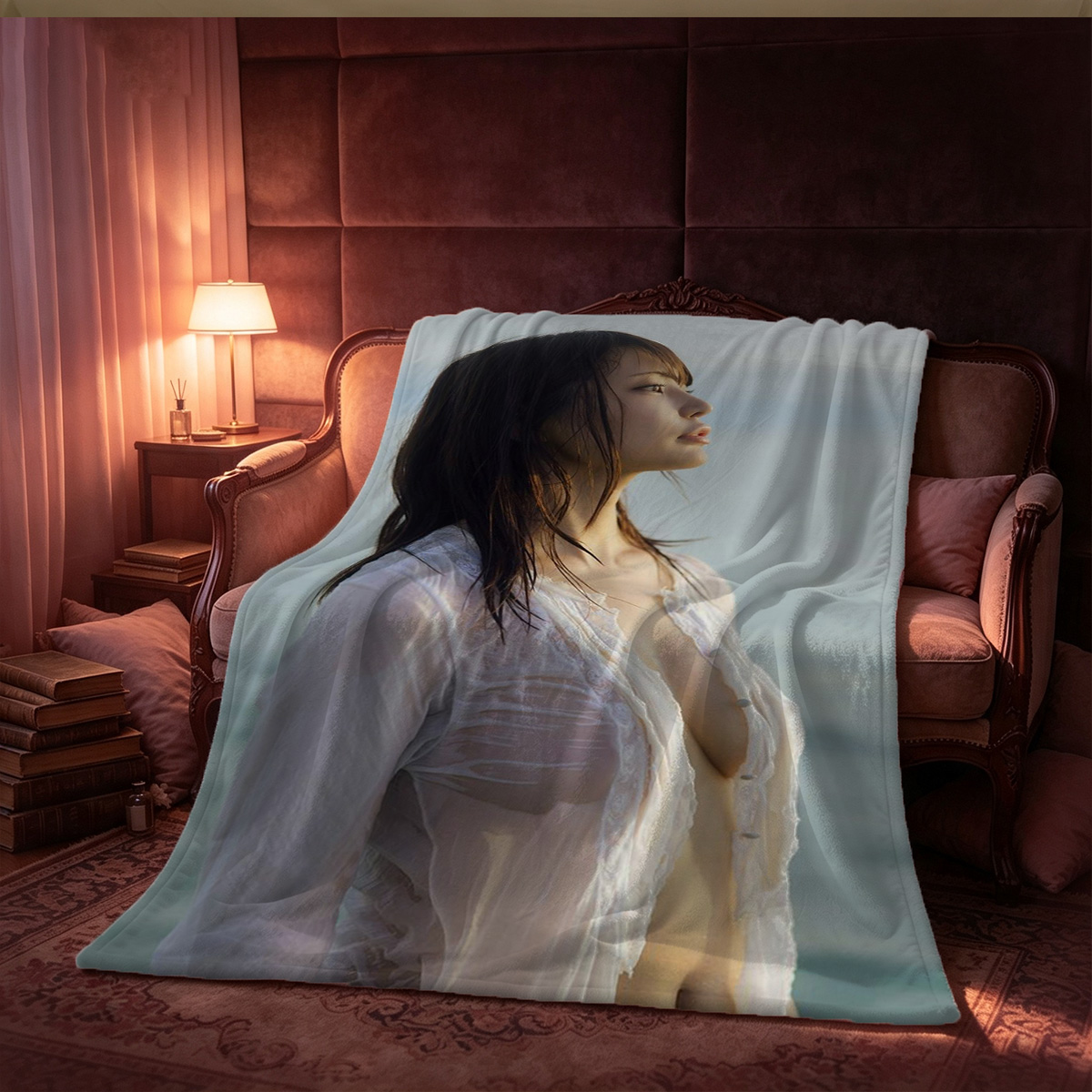 Nude Asian beauty in sheer orange and blue hanfu sitting on floor in traditional Chinese room. - Blanket