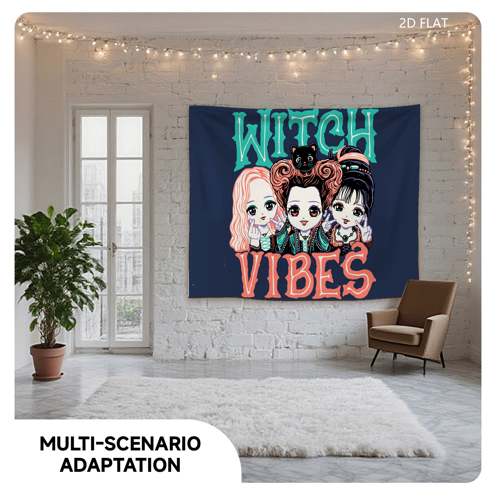 Witch Vibes: Three Magical Girls with Cat and Gothic Style - Tapestry