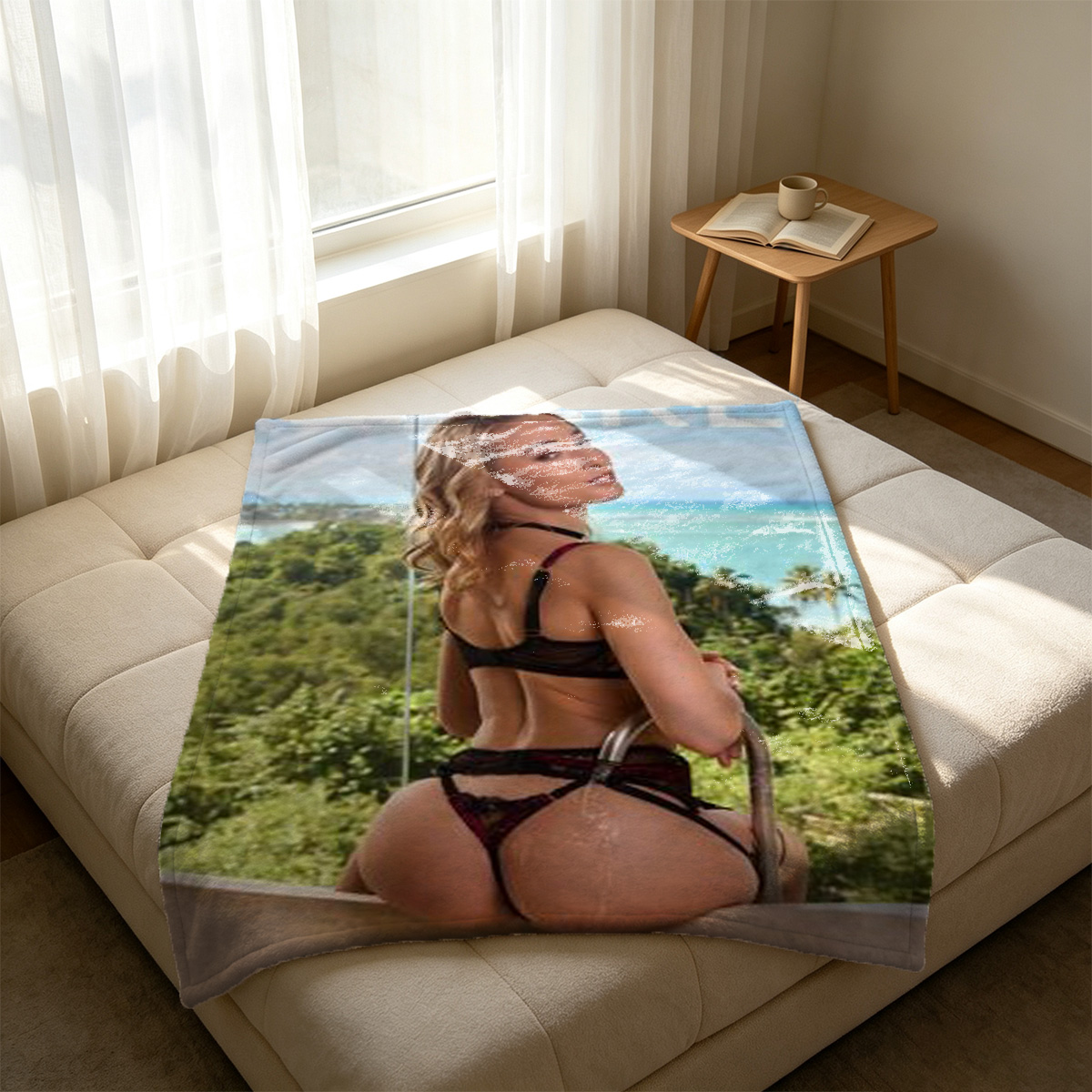 Blonde woman in sheer blue lingerie posing on purple sofa. - Blanket