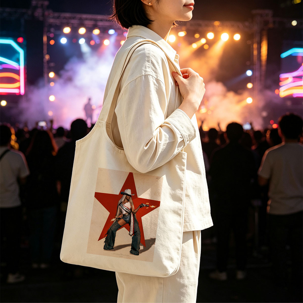 Cardi B in Cowboy Outfit Holding Guns Against Red Star Background - Canvas shoulder bags/