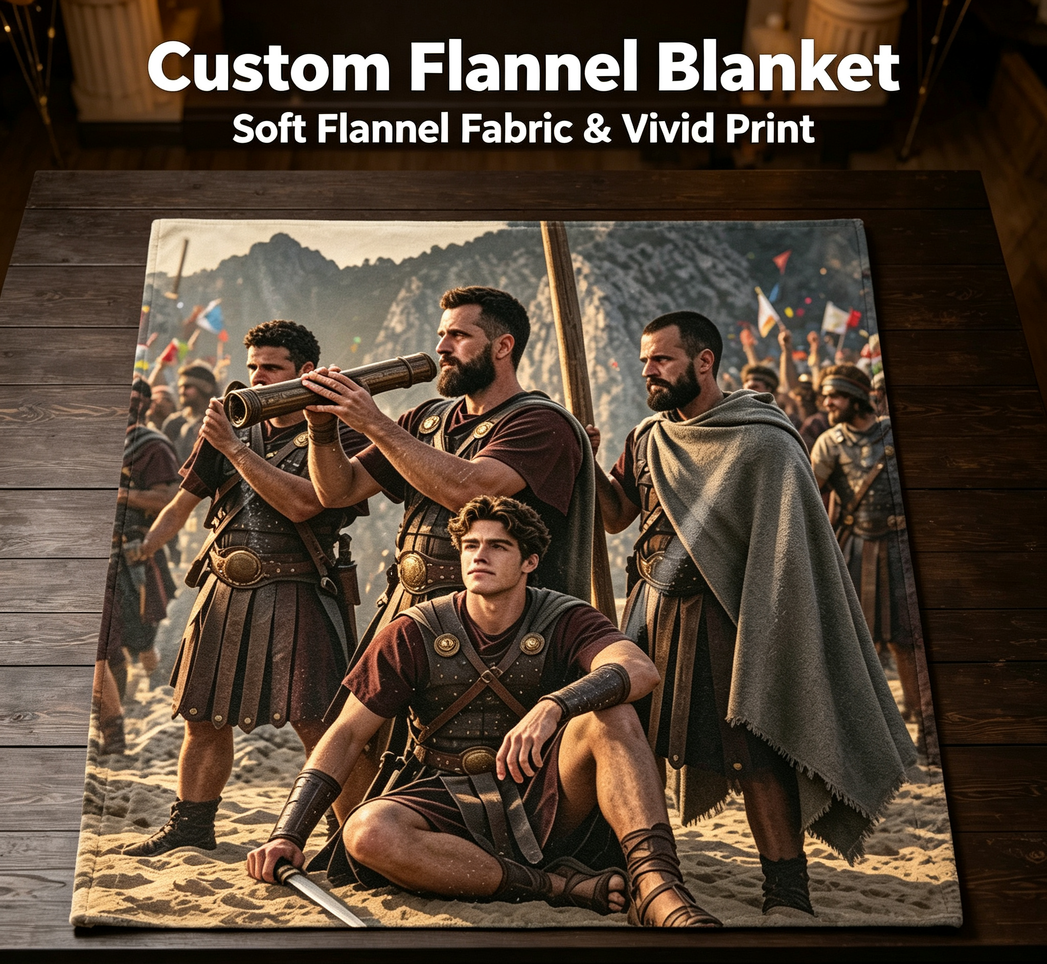 Custom Face Blanket Ancient Warriors Mountain Scene Flannel Blanket Perfect for Camping and Outdoor Adventures Ideal Gift for History Enthusiasts and Movie Fans