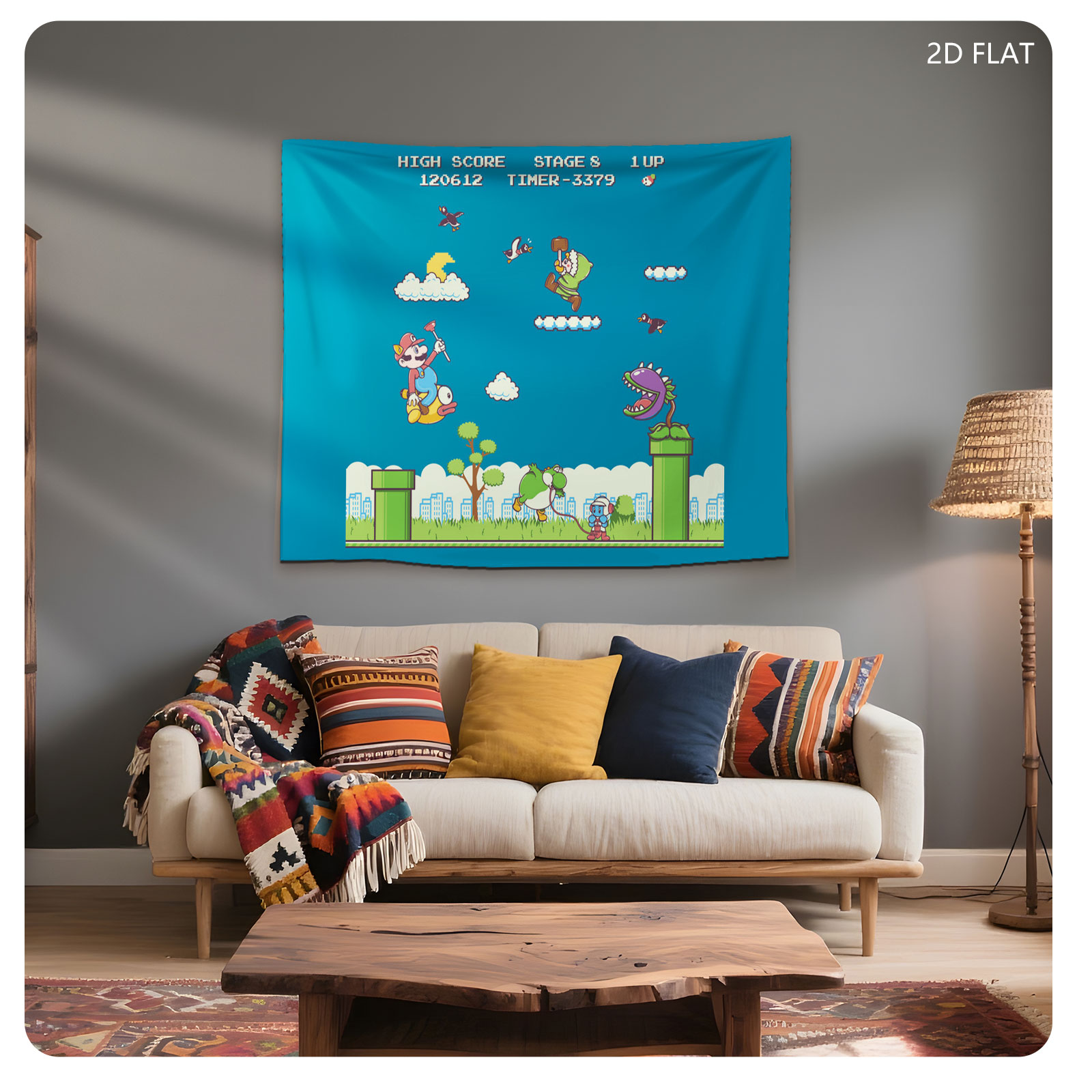 Mario, Yoshi, and Koopa in a vibrant platformer scene with high score and stage details - Tapestry