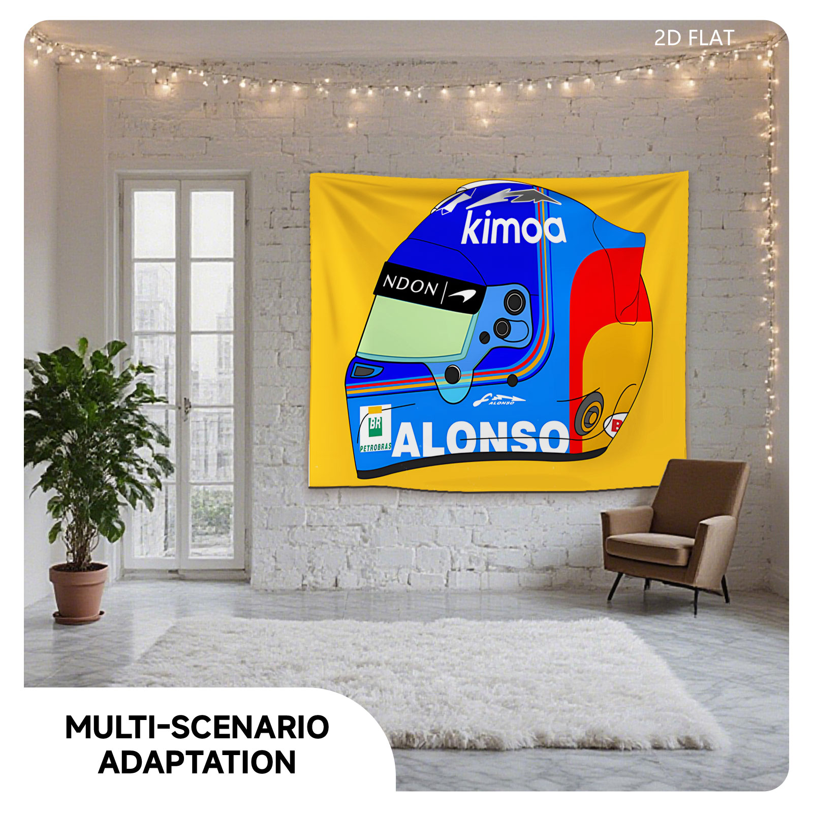 Fernando Alonso Racing Helmet Design Featuring Kimoa and Petrobras Logos - Tapestry