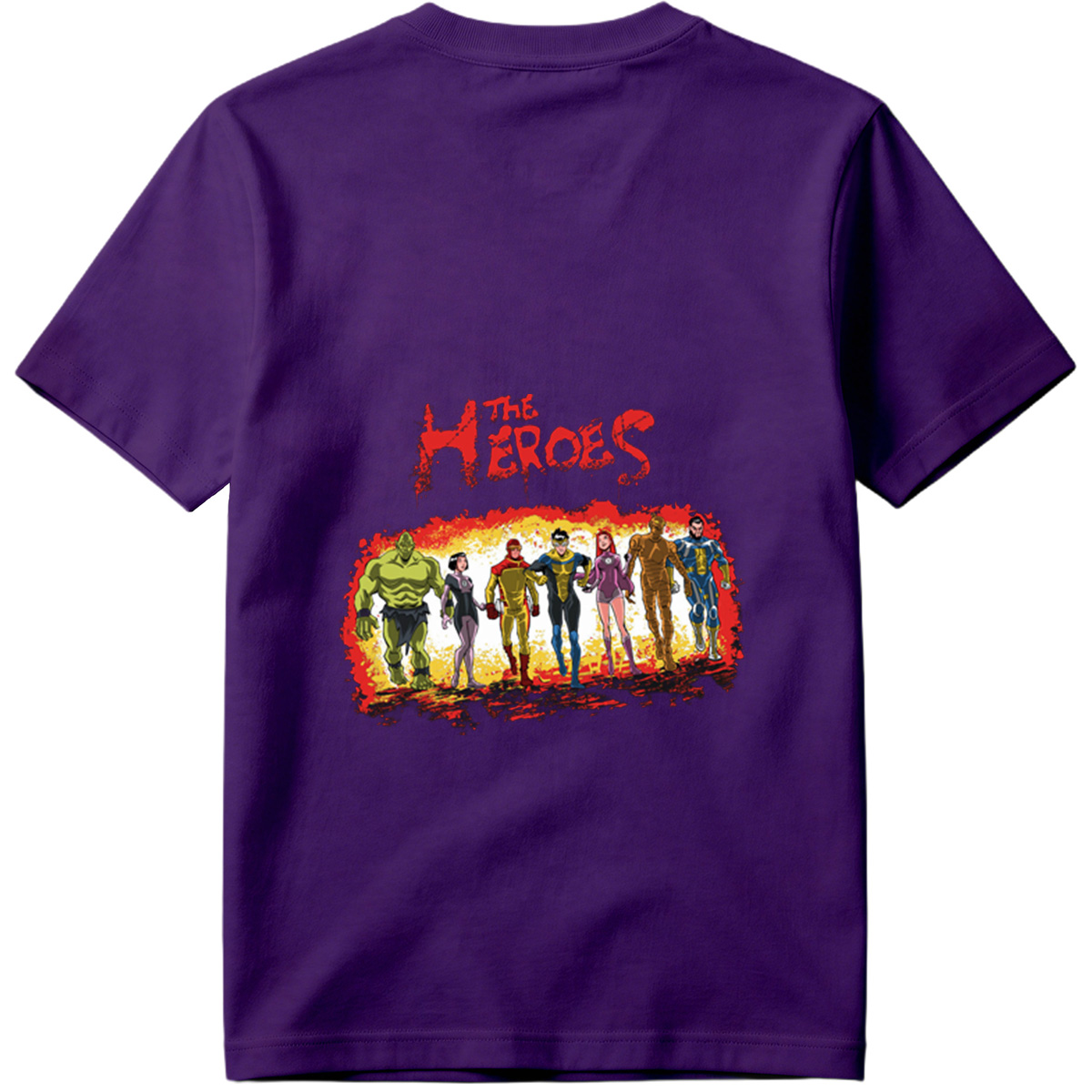 The Heroes: Green Hulk, Black Widow, Red Ranger, Blue Avenger, Pink Warrior, Golden Titan, and Blue Sentinel - Tee
