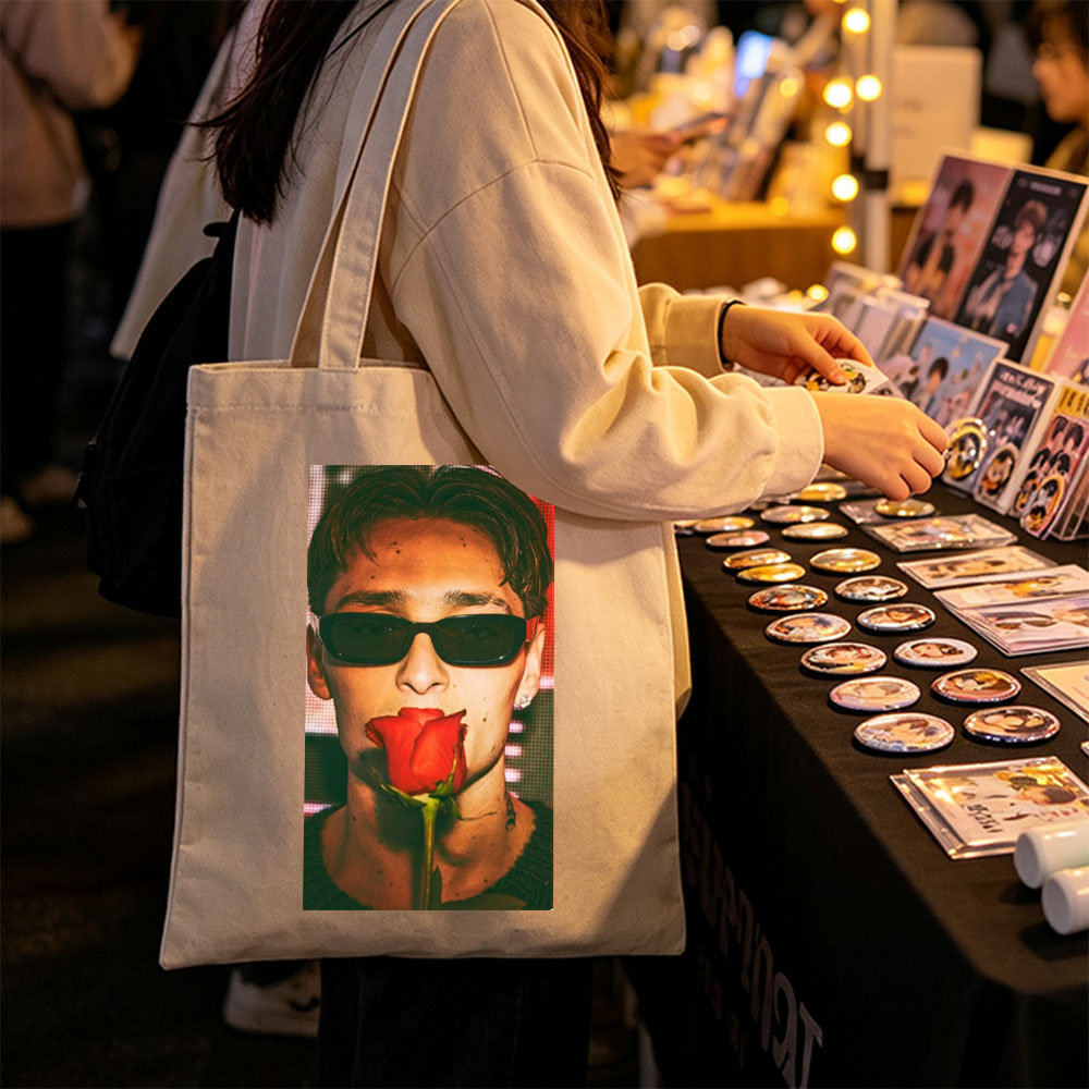 Anwar Hadid Holding a Red Rose with Sunglasses on a Digital Background - Canvas tote bags