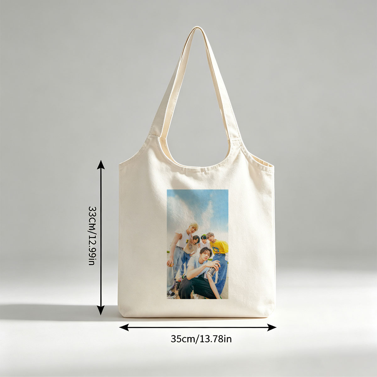 TXT Members Outdoors in Casual Wear Holding Drinks Under Blue Sky - Canvas shoulder bags/