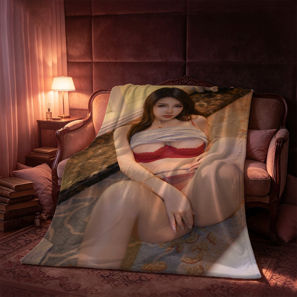 A young woman in a turquoise turtleneck sweater and white lace panties, posing with hands behind her head. - Blanket