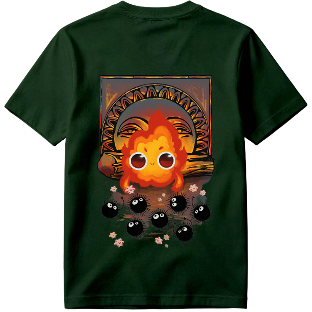 Cute Flame Character with Black Spiky Creatures and Ancient Mask Background - Tee
