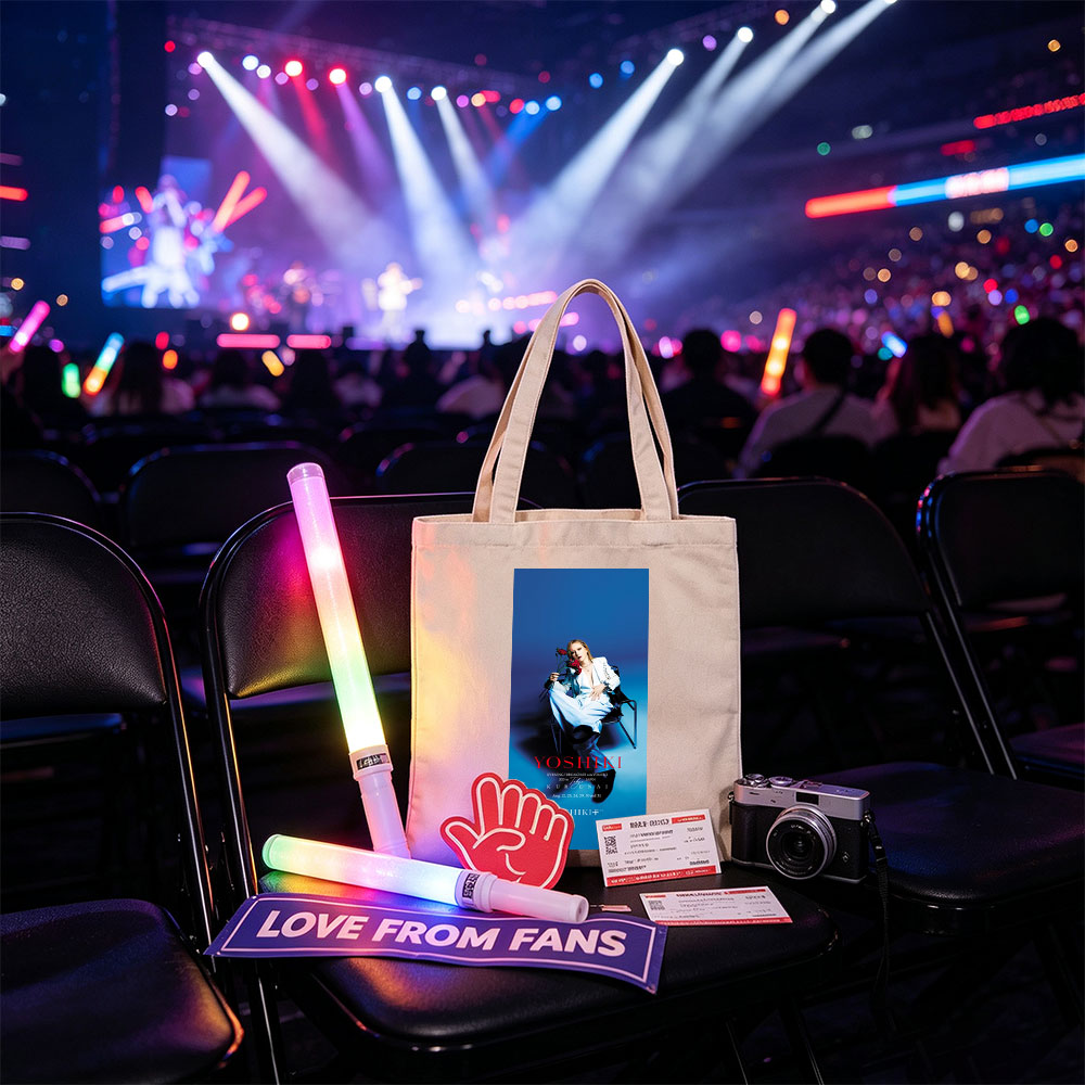YOSHIKI Evening Breakfast with YOSHIKI 2025 in Tokyo Japan KURENAI Poster Featuring YOSHIKI Seated on Chair Holding Red Roses Against Blue Background - Canvas tote bags