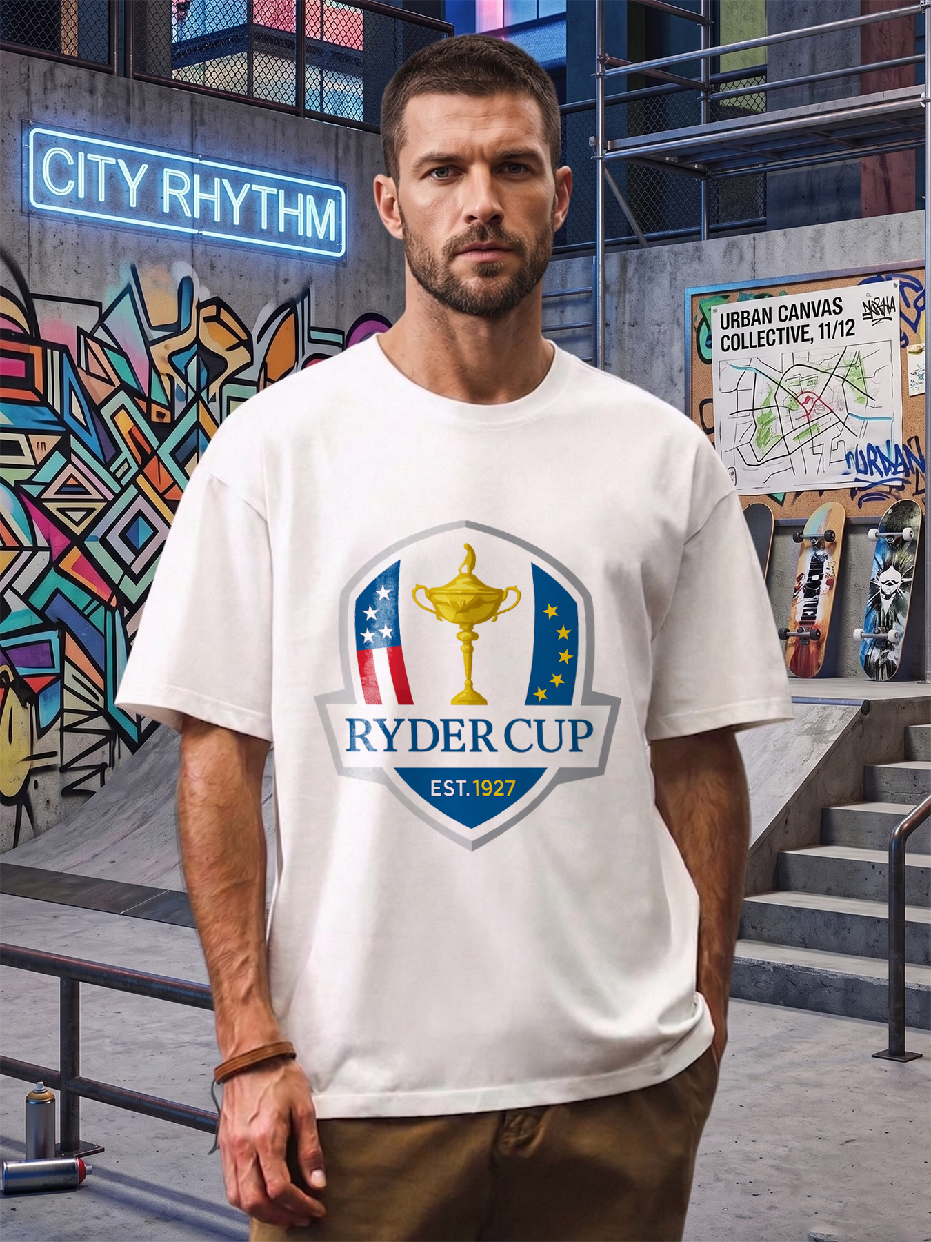 Men's Ryder Cup Trophy Print T-Shirt with USA and Europe Flag Design, Casual Round Neck Summer Lightweight Breathable Short Sleeve Tee for Golf Fans and Sports Enthusiasts