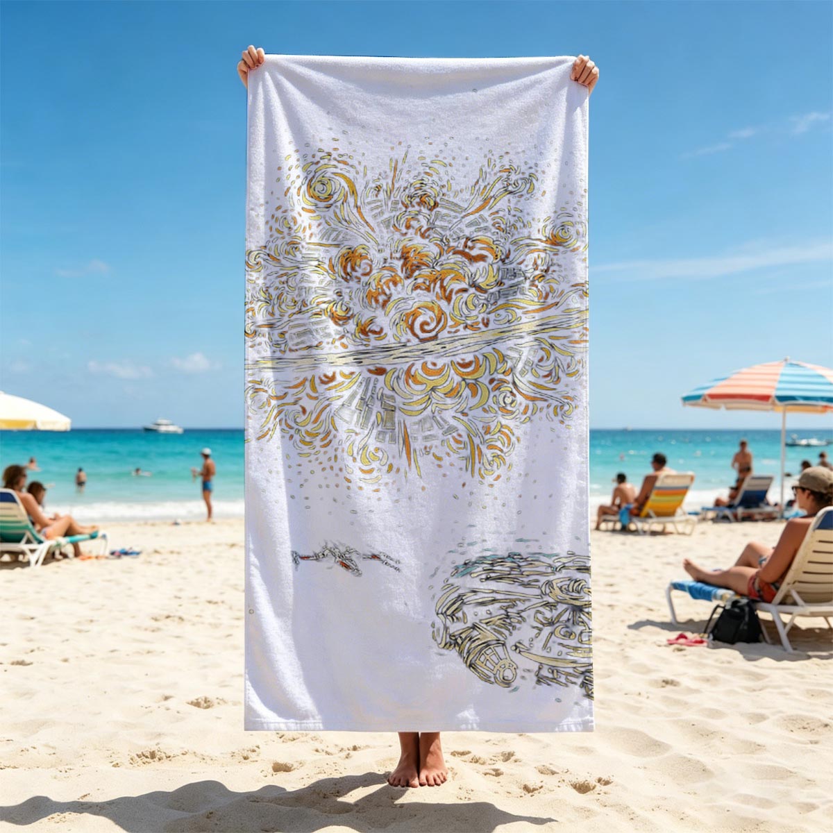 Millennium Falcon Approaches a Cosmic Nebula with Star Destroyer in the Distance - Beach towels