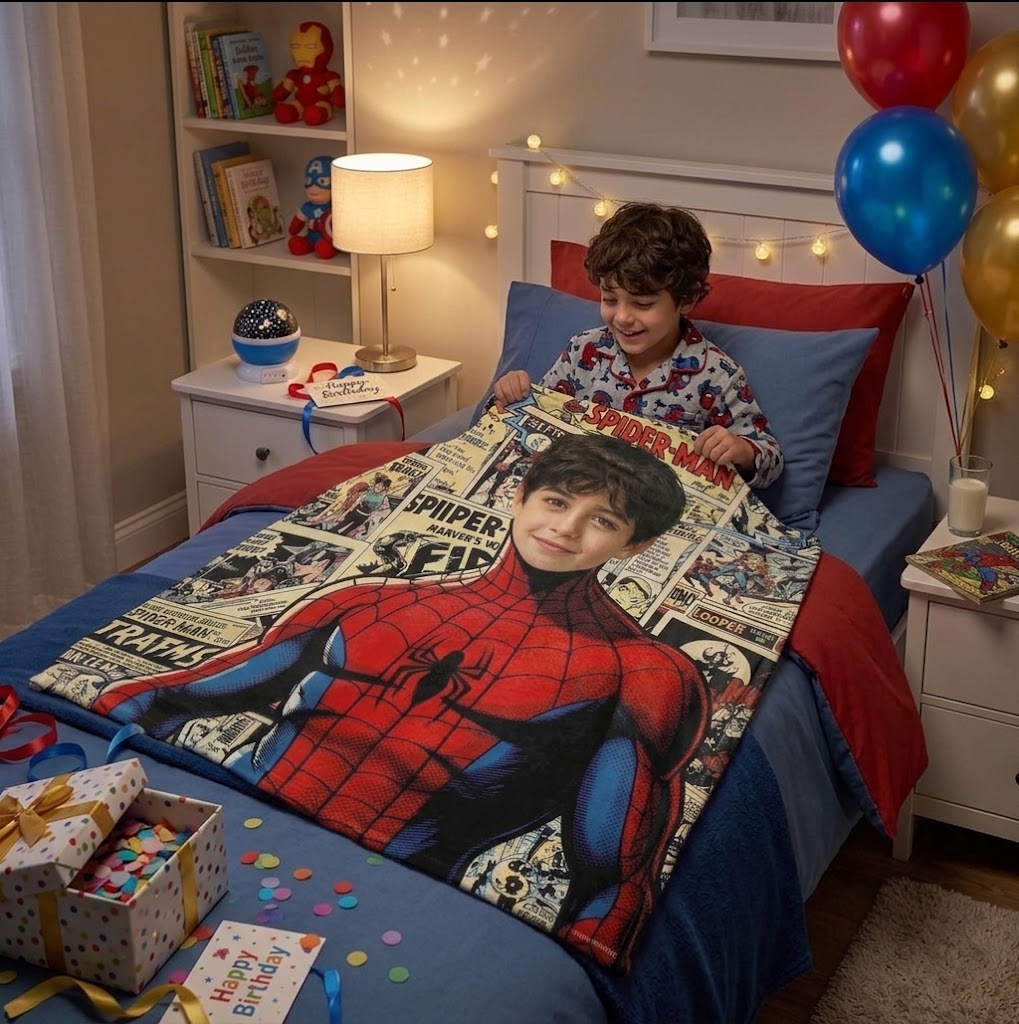Personalized Upload Photo Blanket, Custom Spider‑Man Superhero Portrait Throw Blanket, 280GSM Soft Flannel Blanket, Unique Birthday Holiday Gift for Boys, for Bedroom Couch Camping Travel