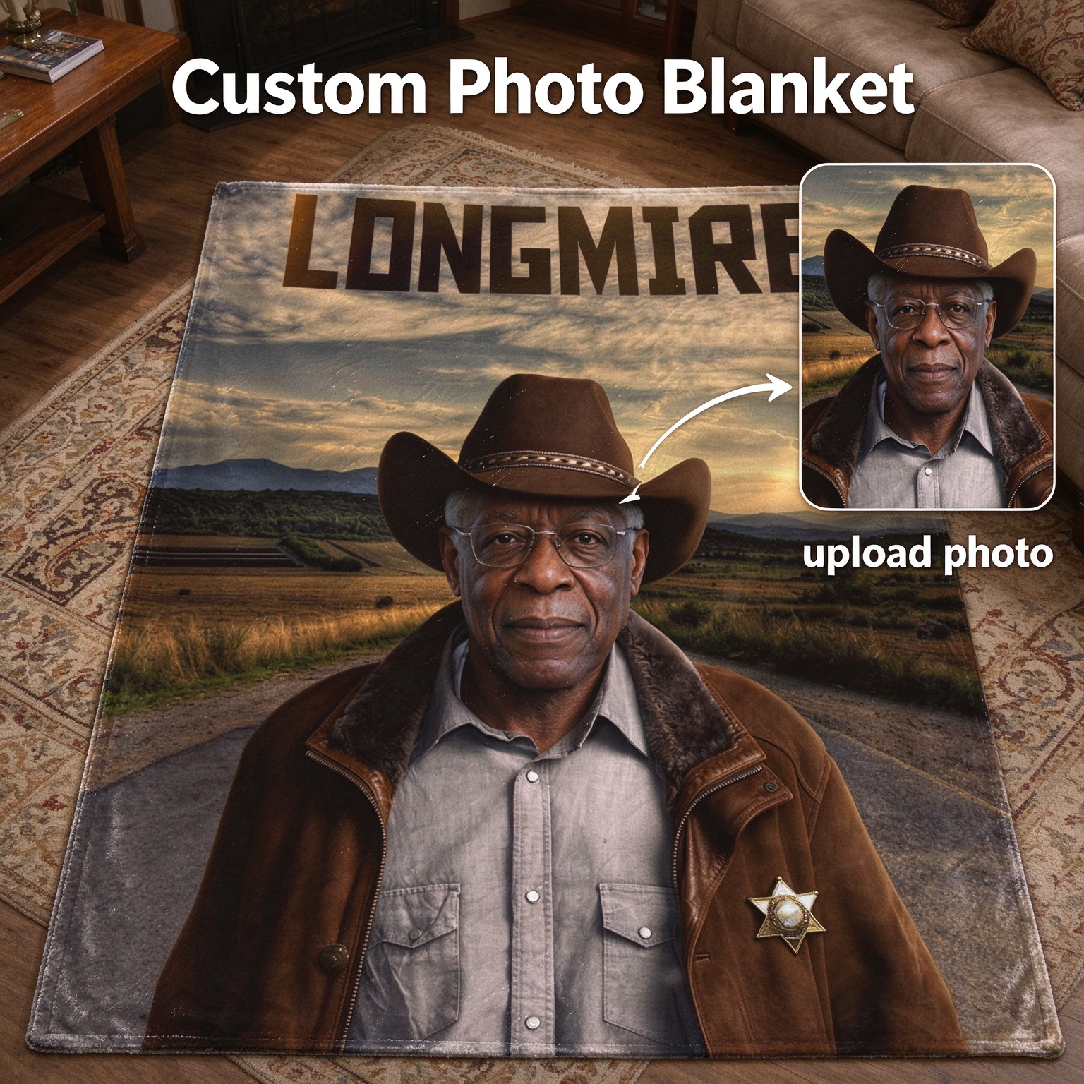 Custom Photo Face Blanket Personalized Western Theme Flannel Throw, Cozy Skin-Friendly Keepsake Gift