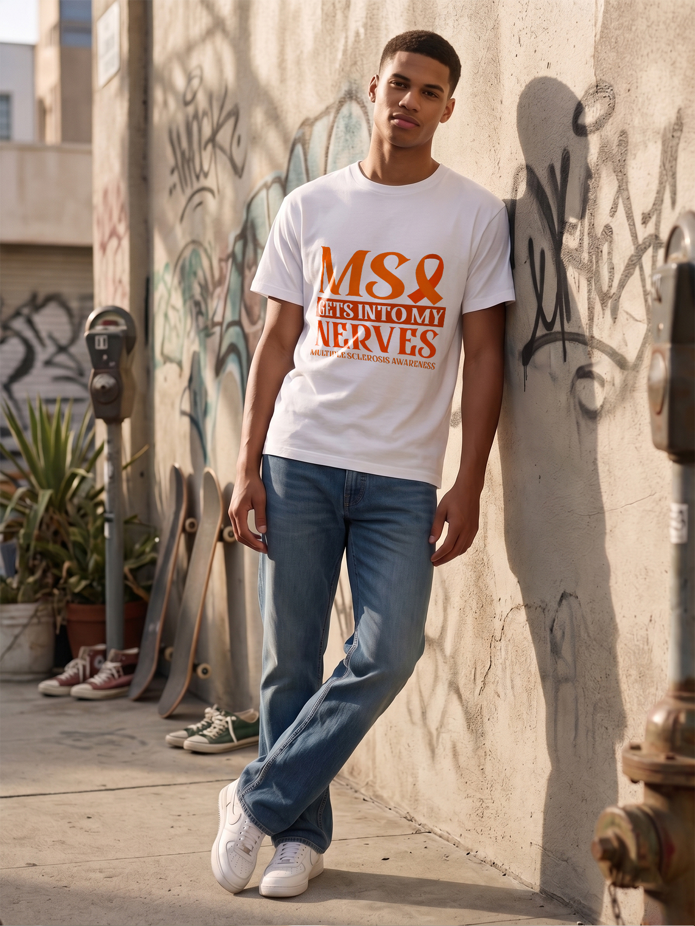 Men's Printed T-Shirt MS Gets Into My Nerves Orange Ribbon Multiple Sclerosis Awareness Casual Round Neck Summer Lightweight Breathable Short Sleeve T-Shirt for Adults with MS Support and Advocacy