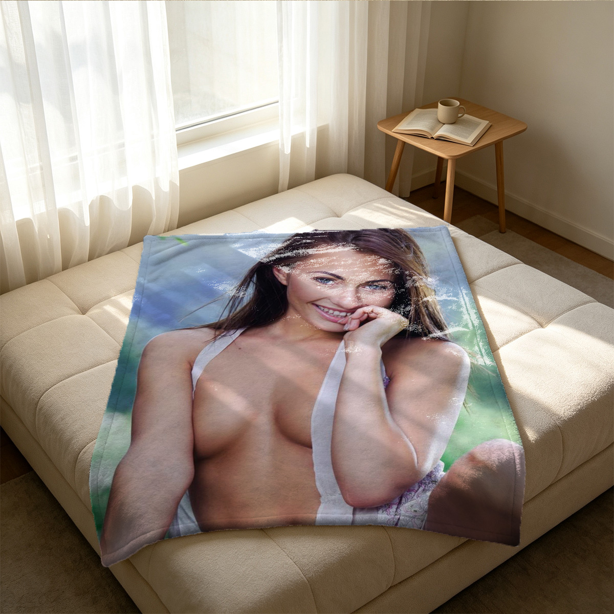 Nude Asian Woman Sitting by Window in Traditional Japanese Room - Blanket